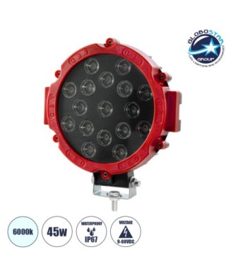 GloboStar® 85422 Vehicle & Forklift Work Lights - Φώτα Εργασίας για Οχήματα Περονοφόρα - Κλάρκ LED 45W DC 9-80V Αδιάβροχο IP67 Μαύρο Κόκκινο Μ20 x Π18 x Υ5cm